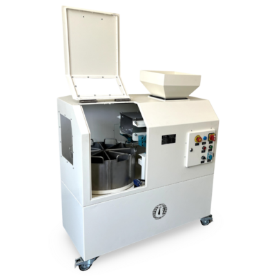 rotary sample divider 8 containers each 4 liters volume. side view. cover open