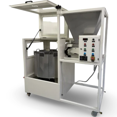 Side view of RSD 8x25 litre rotary sample divider with open safety cabinet and feed hopper