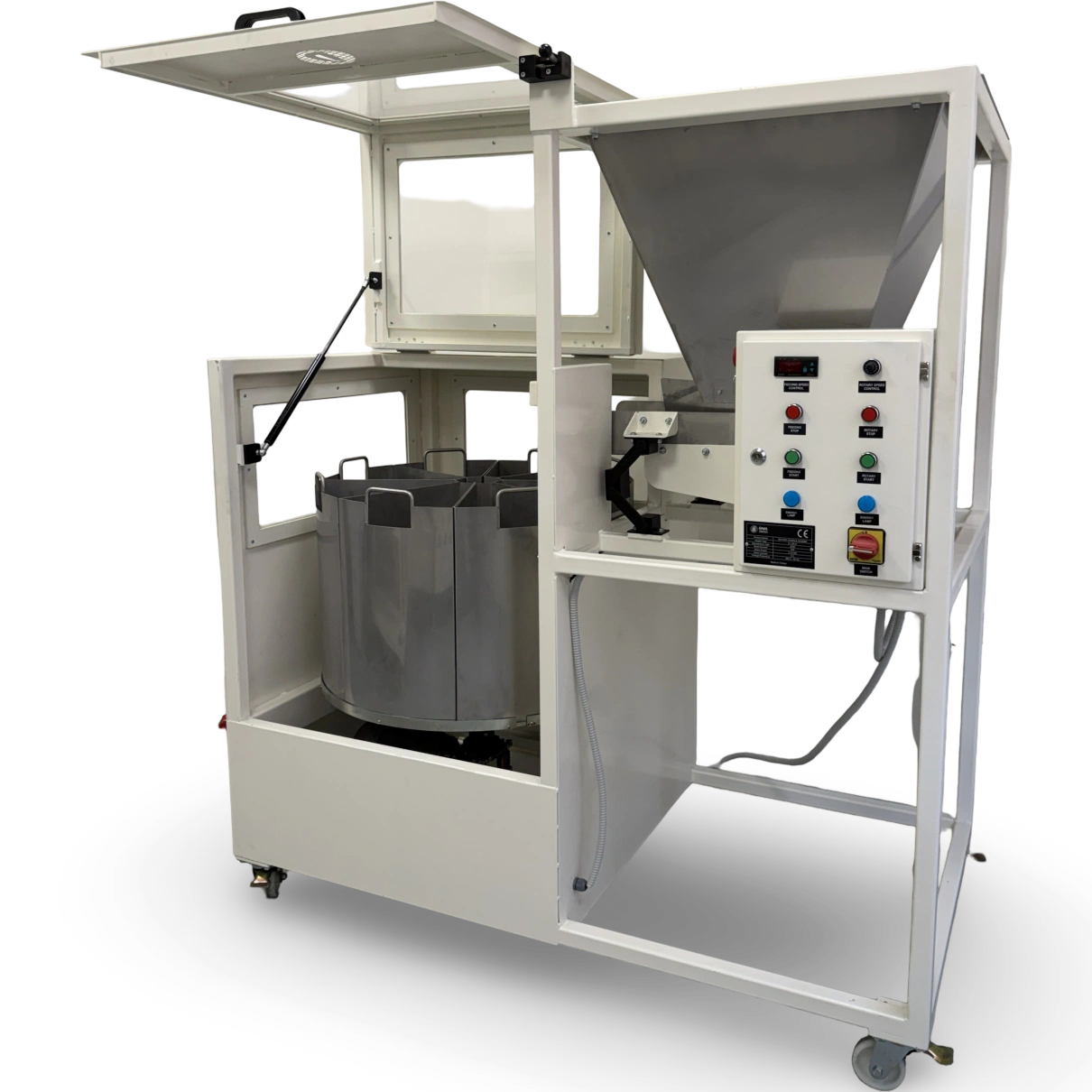 Side view of RSD 8x25 litre rotary sample divider with open safety cabinet and feed hopper