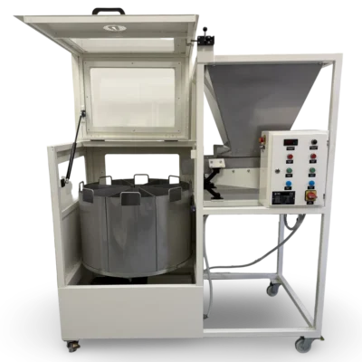 Front view of RSD 8x25 litre rotary sample divider with open enclosure and dividing container system