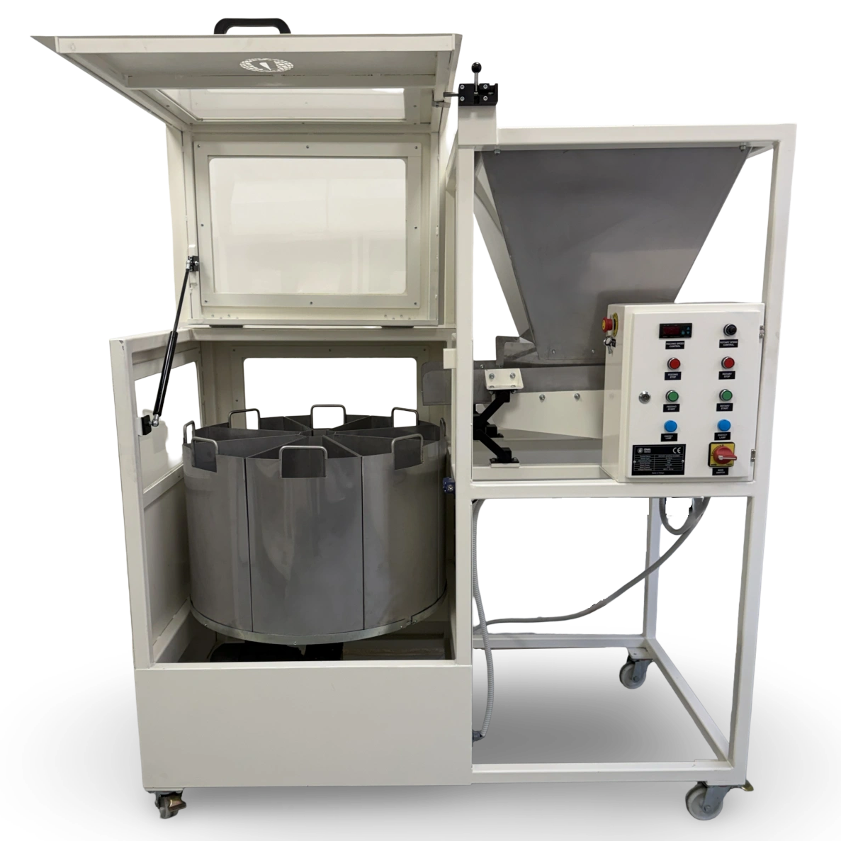 Front view of RSD 8x25 litre rotary sample divider with open enclosure and dividing container system