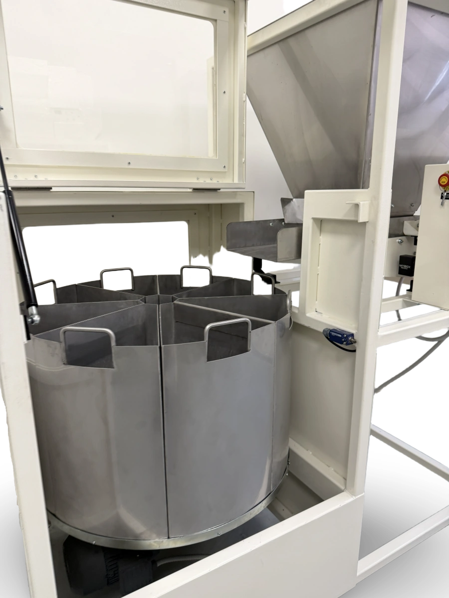 Close up of stainless steel dividing containers on RSD 8x25 litre rotary sample divider