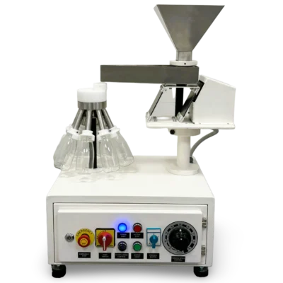 Rotary sample divider equipped with 8 x 250 ml glass bottles and adjustable vibratory feeding system on a control panel base.