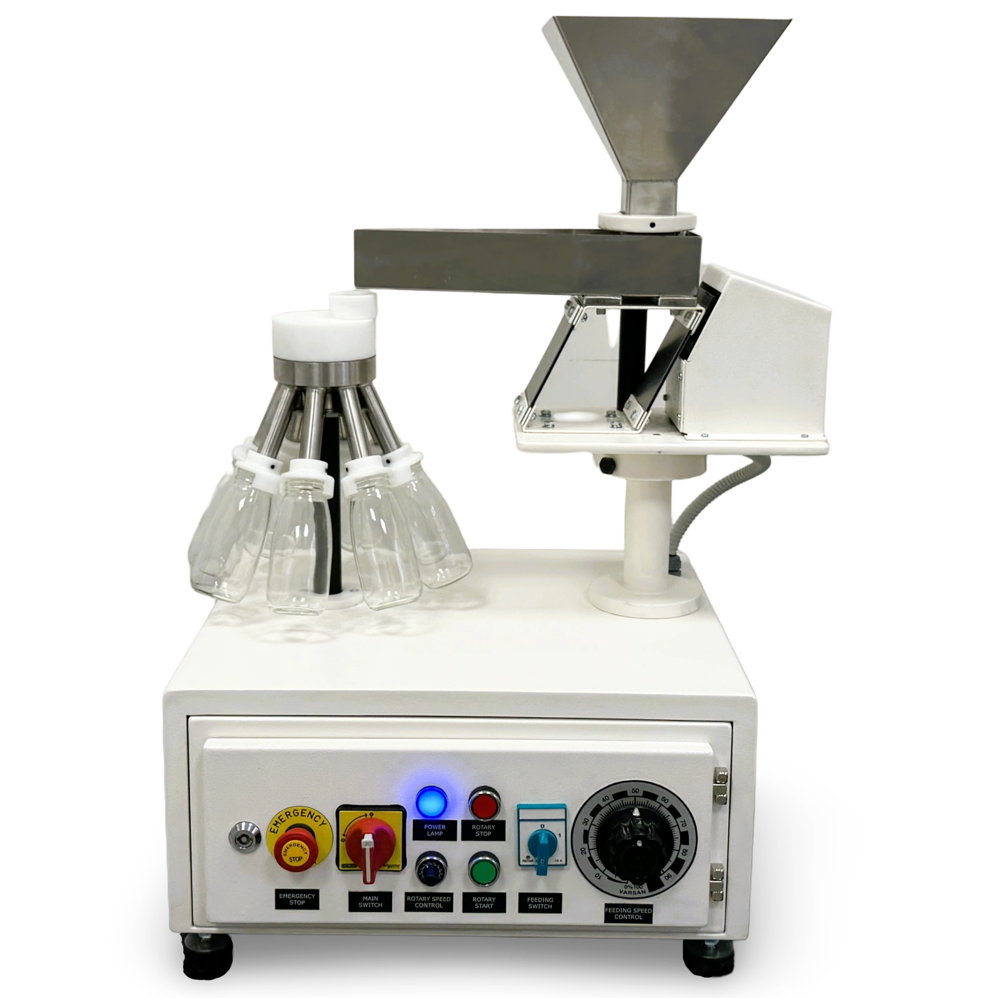 Rotary sample divider equipped with 8 x 250 ml glass bottles and adjustable vibratory feeding system on a control panel base.
