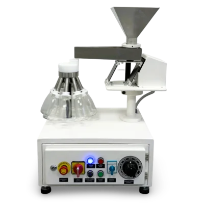 Laboratory rotary sample divider with vibratory feeder and 8 x 250 ml glass bottles for accurate sample splitting.