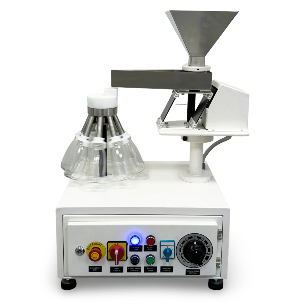 Laboratory rotary sample divider with vibratory feeder and 8 x 250 ml glass bottles for accurate sample splitting.