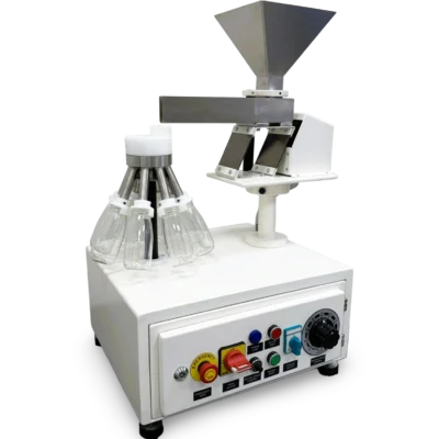 Rotary sample splitter with stainless steel hopper, vibratory feeder and 8 x 250 ml removable glass bottles for representative sampling.