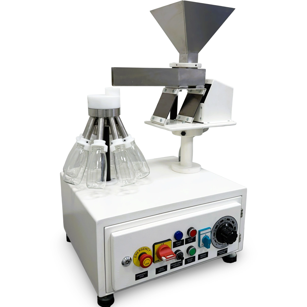 Rotary sample splitter with stainless steel hopper, vibratory feeder and 8 x 250 ml removable glass bottles for representative sampling.