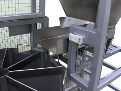 Feeding area of Rotary Sample Divider for bigger capacity. 8 containers and each volume 35 Liters. For bulks.