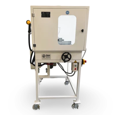 Front view of the laboratory rock and core sample cutting and trimming machine.