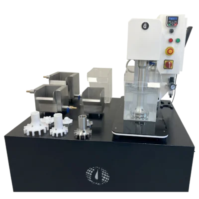 Control panel with VFD display, emergency stop, air rotameter and filter regulator on a laboratory flotation cell