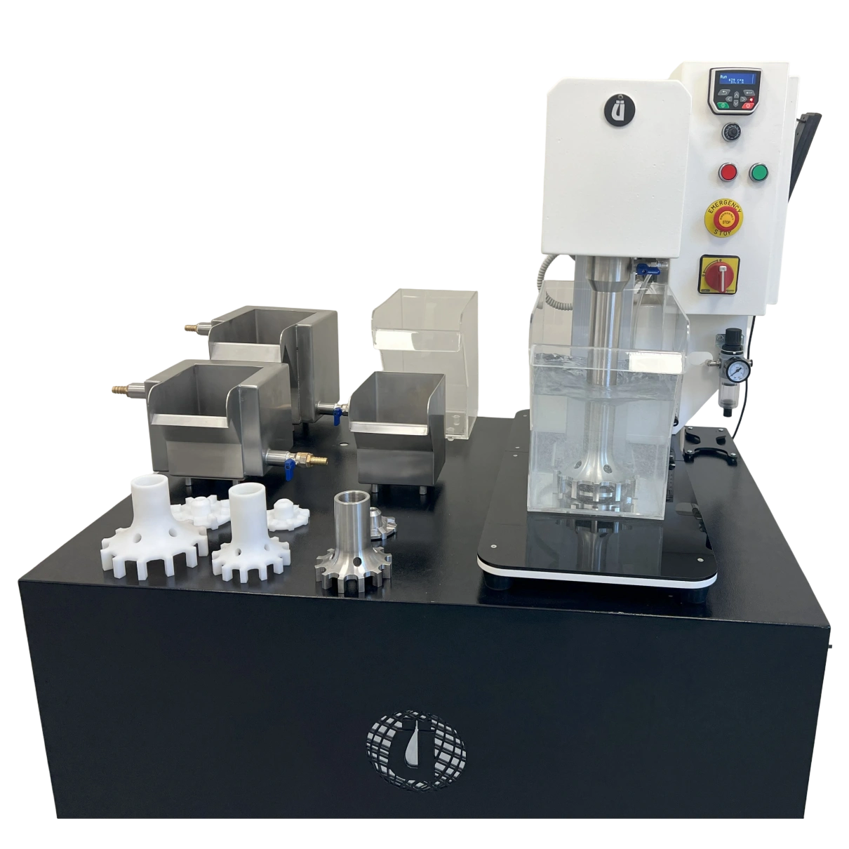 Control panel with VFD display, emergency stop, air rotameter and filter regulator on a laboratory flotation cell