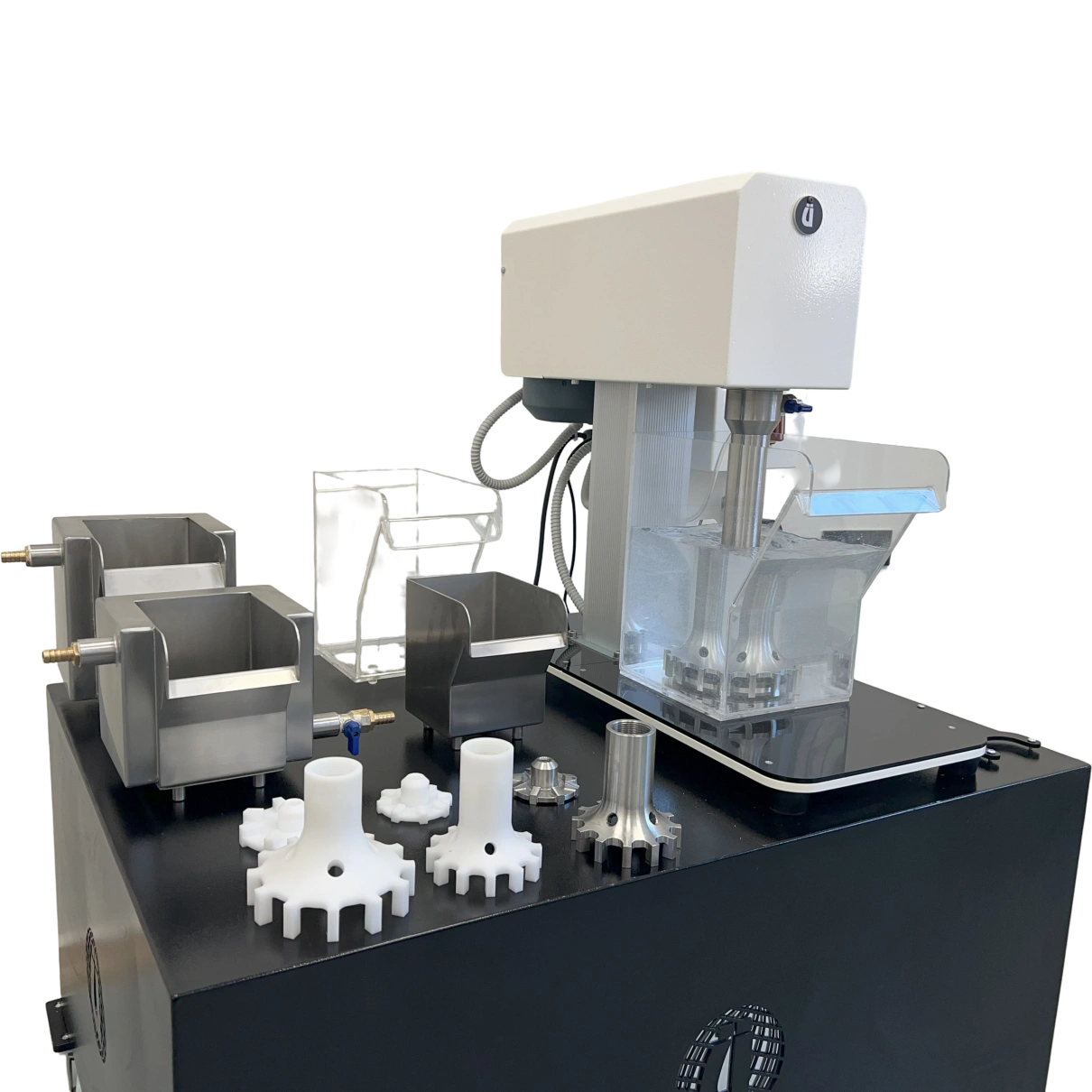Side view of laboratory flotation testing machine with stainless steel flotation tanks, acrylic cells and spare impeller diffuser parts, D-12 type configuration