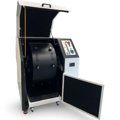 Iron Ore Tumbler Machine with sample collection tray and digital revolution counter, compliant with ISO 3271 standards.