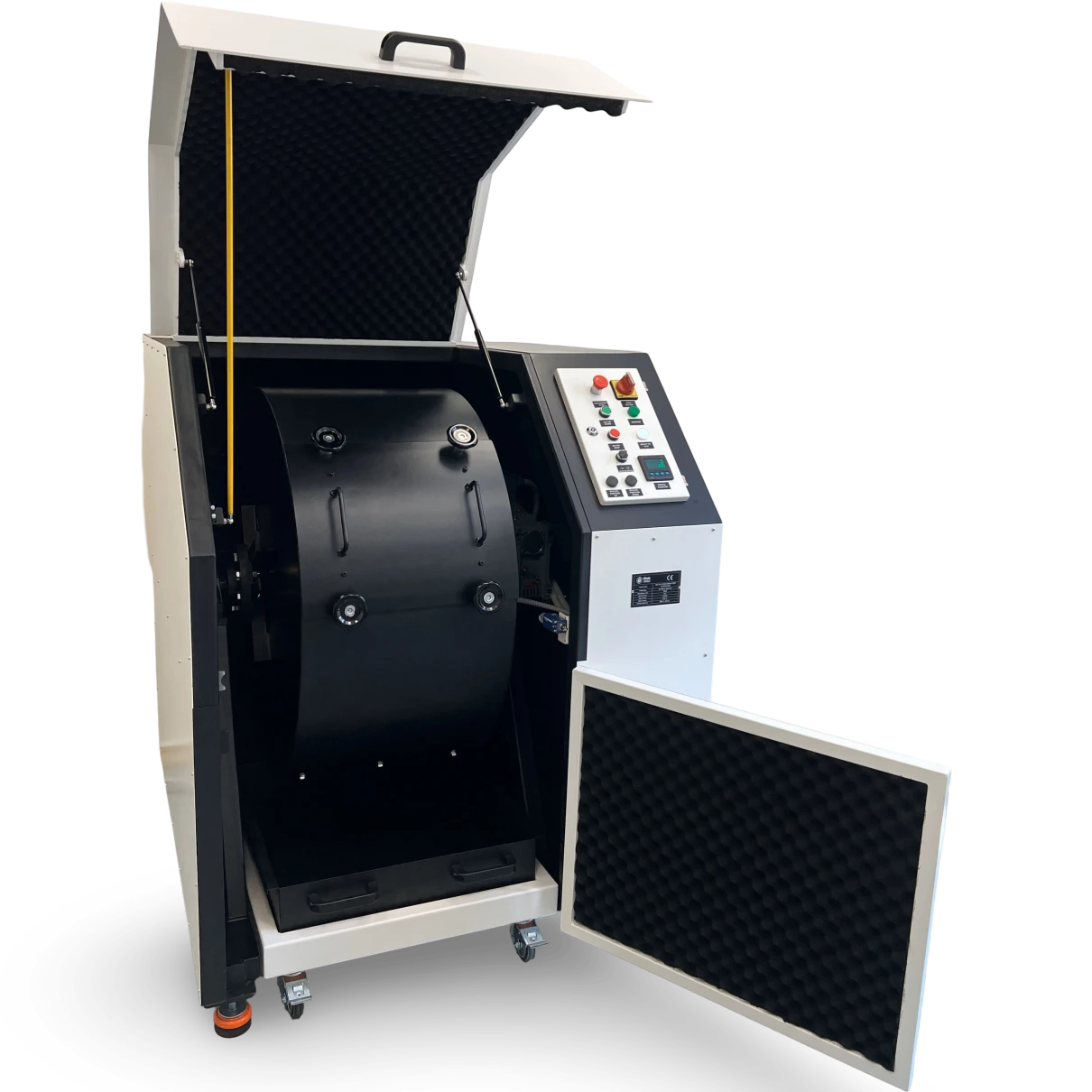 Iron Ore Tumbler Machine with sample collection tray and digital revolution counter, compliant with ISO 3271 standards.