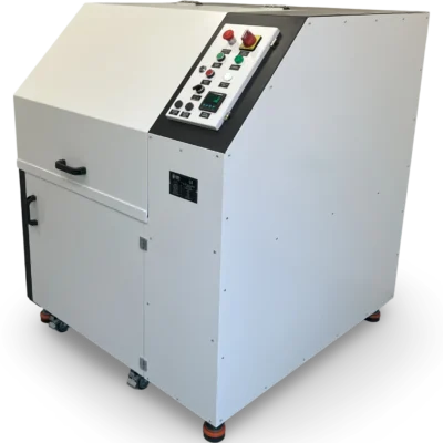 ISO 3271 Test Drum rotating at 25 rpm, used in laboratory conditions for evaluating iron ore abrasion resistance.