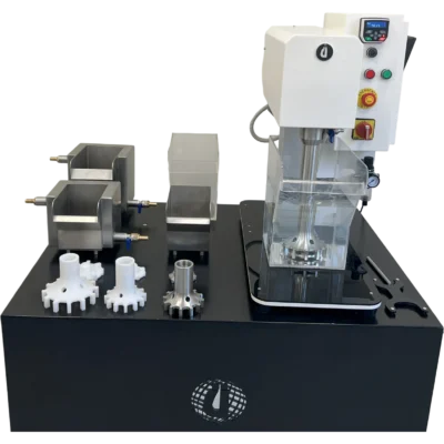Front view of a batch flotation test machine with interchangeable stainless steel and acrylic cells for metallurgical laboratory testing