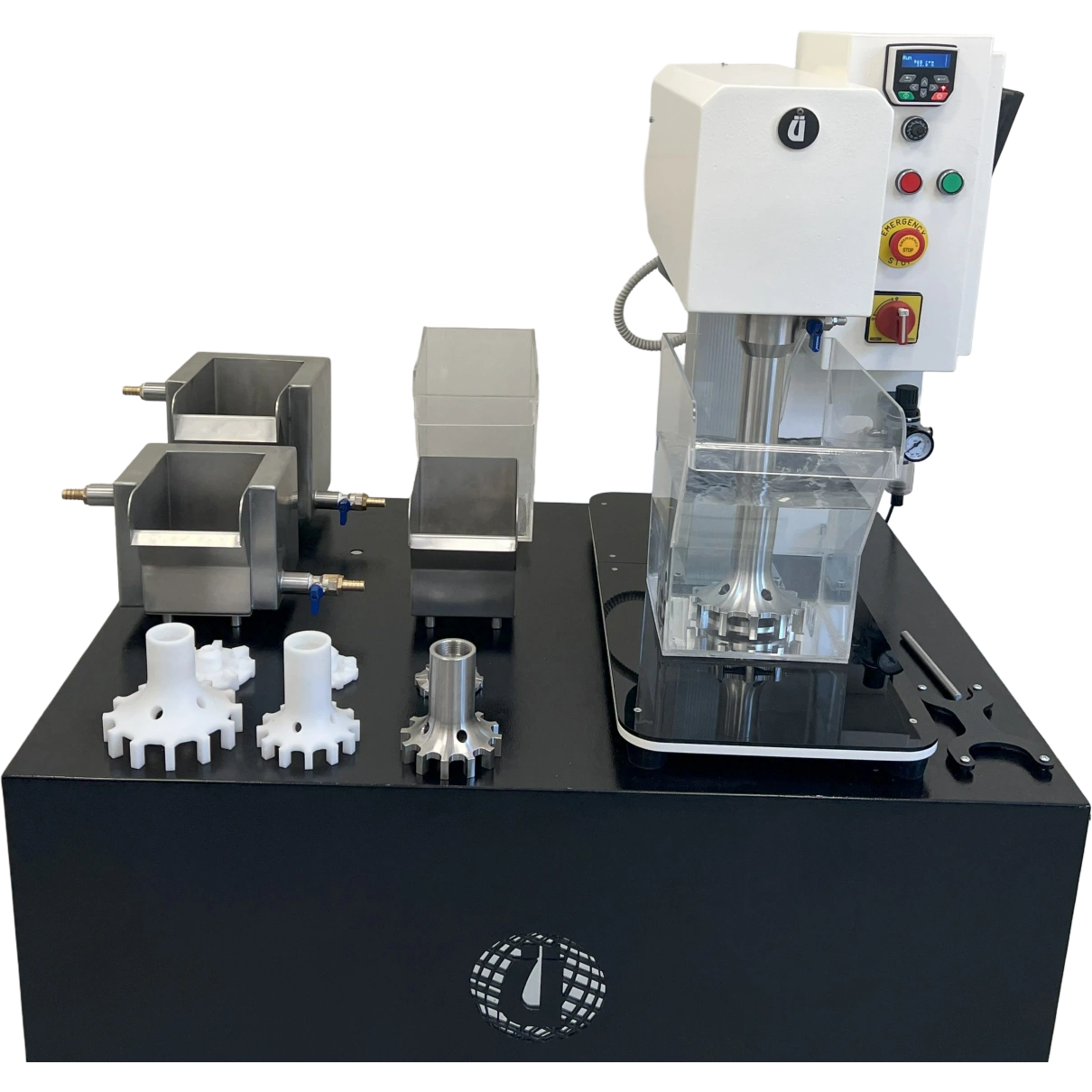 Front view of a batch flotation test machine with interchangeable stainless steel and acrylic cells for metallurgical laboratory testing