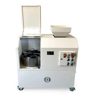 rotary sample divider 8 containers each 4 liters volume. front view. cover open