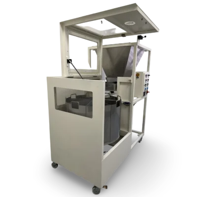 RSD 8x25 litre rotary sample divider front left view showing feed hopper and stainless steel dividing containers