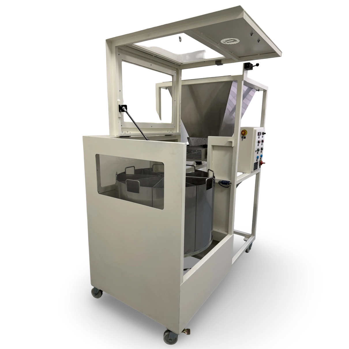 RSD 8x25 litre rotary sample divider front left view showing feed hopper and stainless steel dividing containers