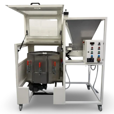 unal rotary sample divider front view with open safety cover and stainless steel collection containers