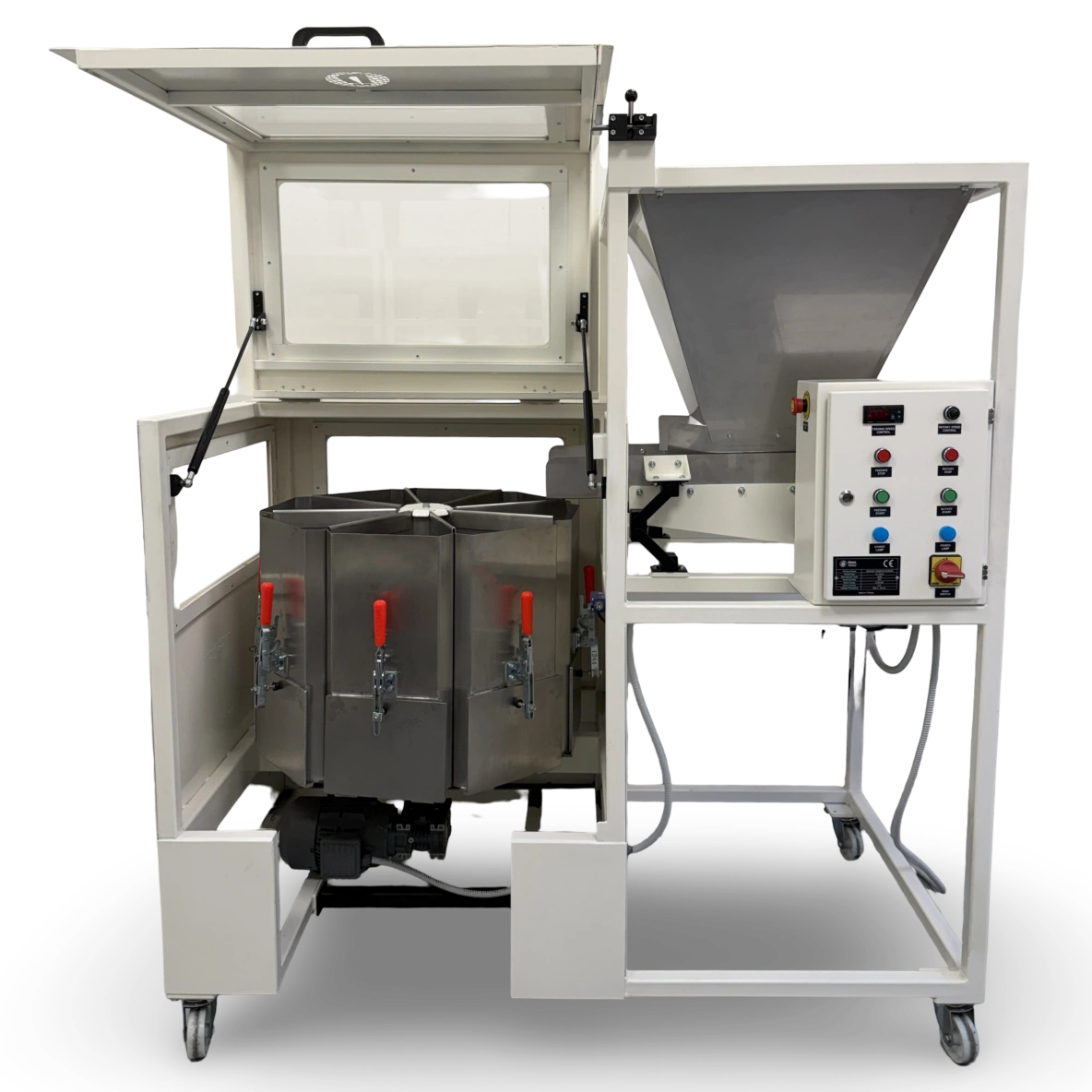 unal rotary sample divider front view with open safety cover and stainless steel collection containers