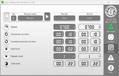 unal lab pulverizer settings screen for speed rpm direction recipe