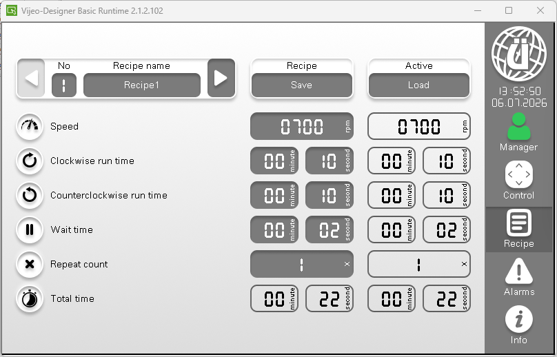 unal lab pulverizer settings screen for speed rpm direction recipe