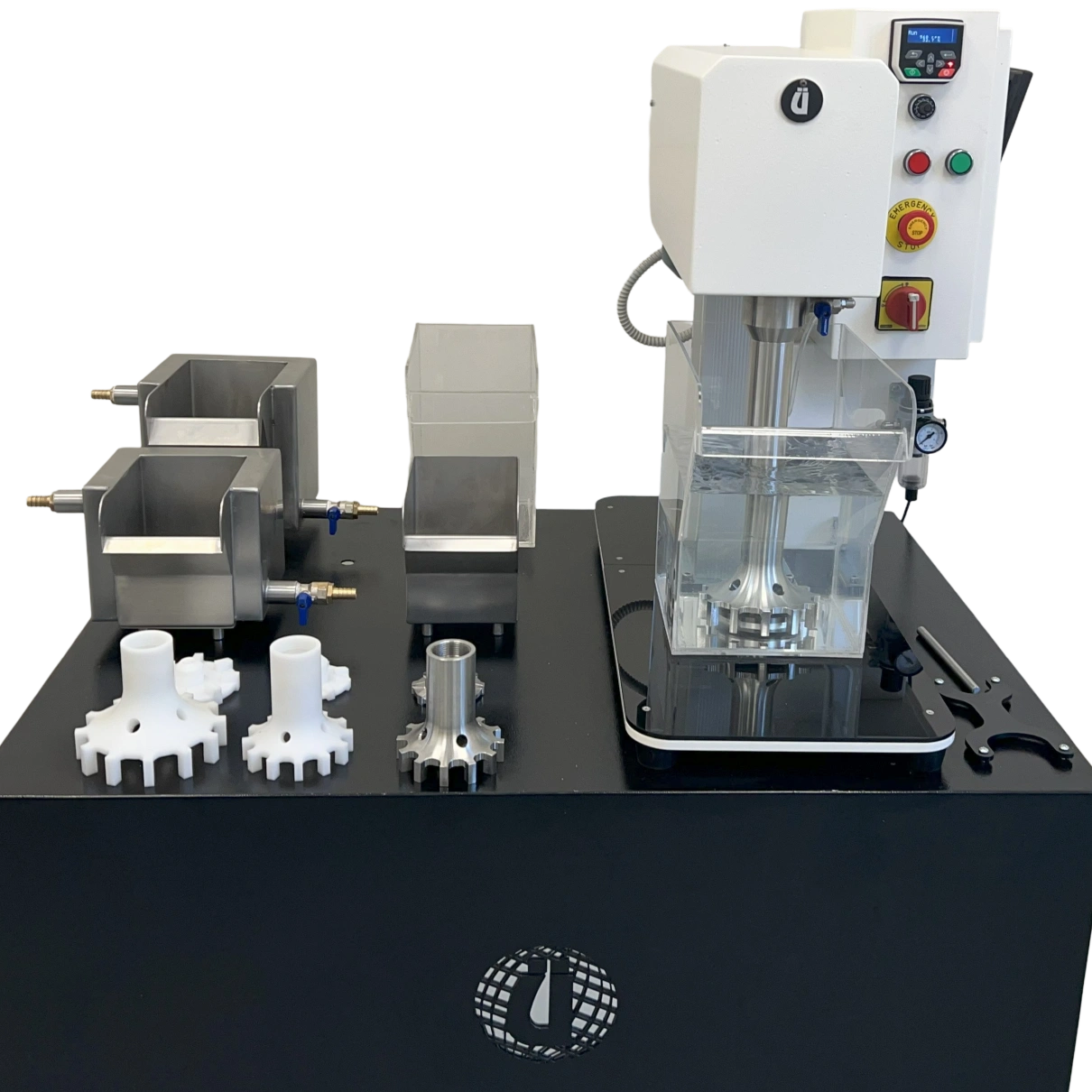 Laboratory flotation machine with VFD digital speed control and acrylic cell, engineered as a Denver D-12 type unit for mineral processing labs
