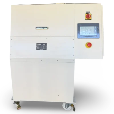 HO-1500 vibrating disc mill, front view showing control panel, Harmony HMI, main disconnect switch and CE nameplate