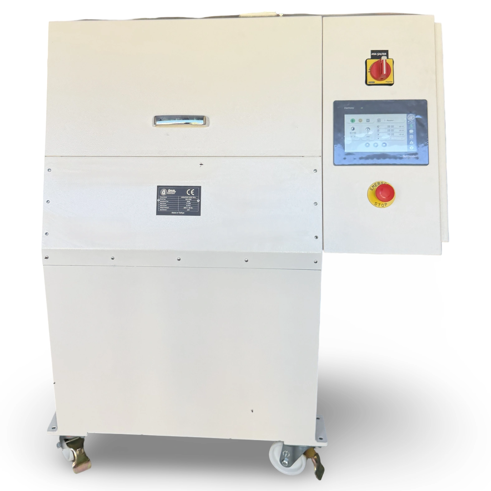 HO-1500 vibrating disc mill, front view showing control panel, Harmony HMI, main disconnect switch and CE nameplate
