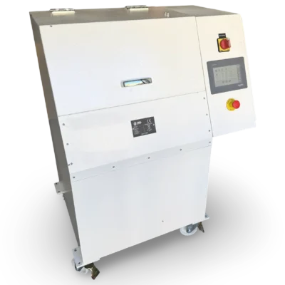 Ünal HO-1500 vibratory disc mill pulverizer, angled view with Schneider Harmony HMI touchscreen, main switch and emergency stop