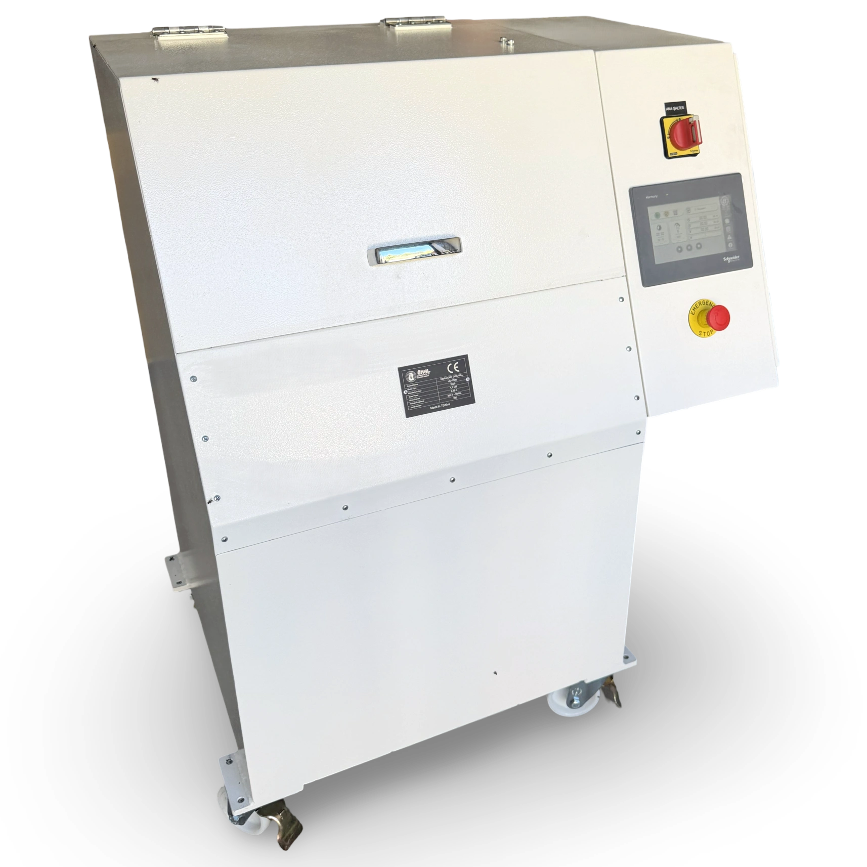 Ünal HO-1500 vibratory disc mill pulverizer, angled view with Schneider Harmony HMI touchscreen, main switch and emergency stop
