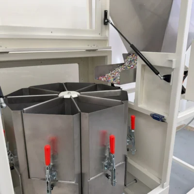 Feed hopper and container section of rotary sample divider for bulk material handling