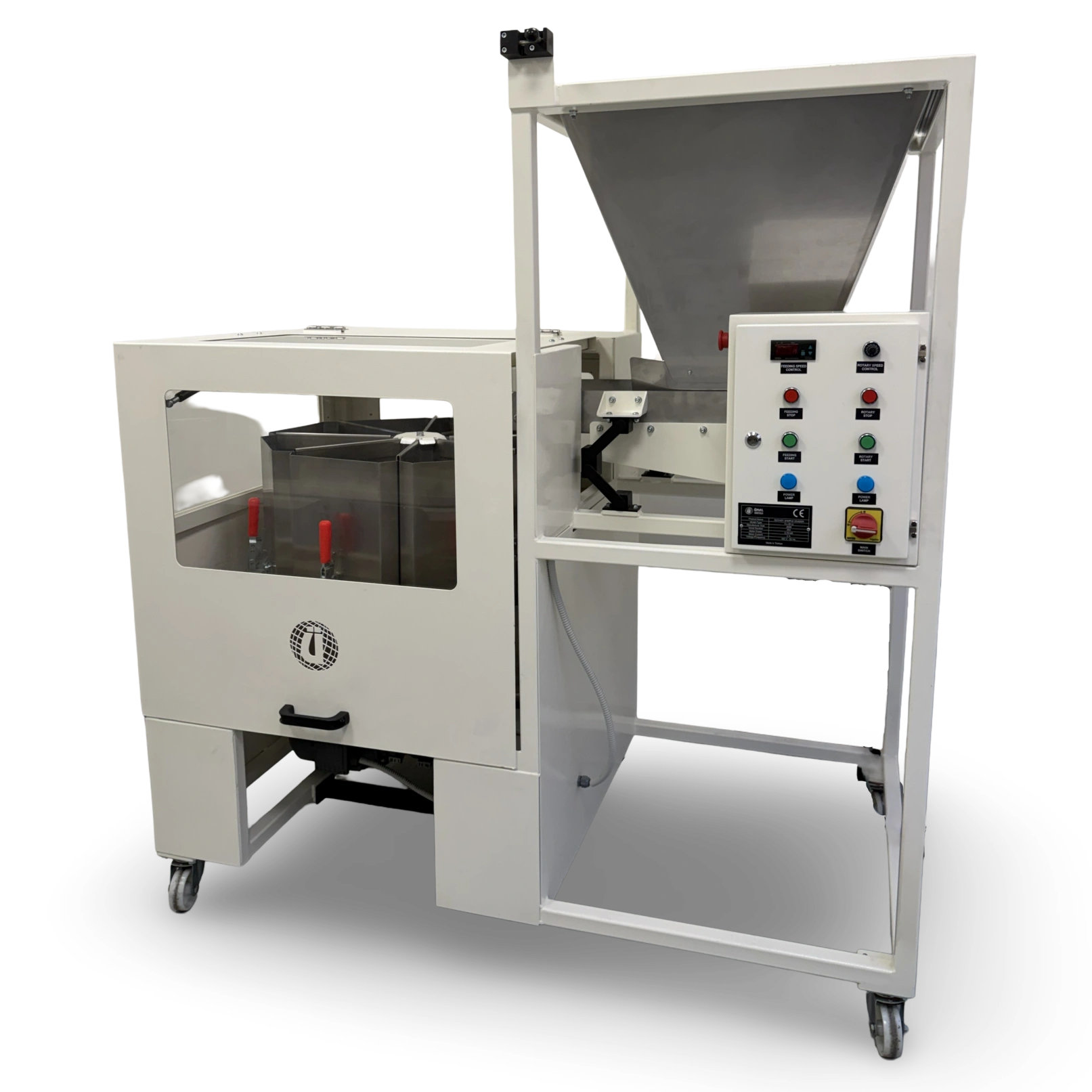 Rotary sample divider with fixed collection containers for practical and efficient sample splitting