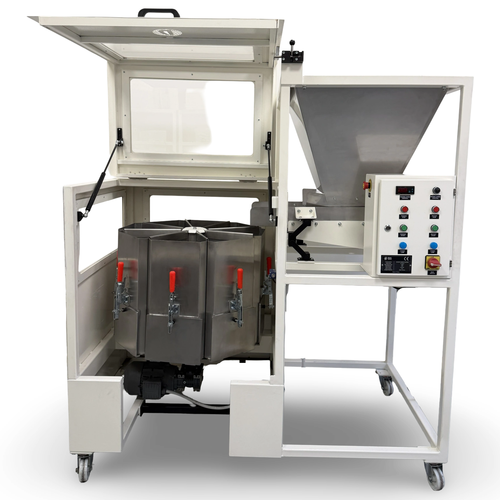 General view of laboratory rotary sample divider for representative sample preparation