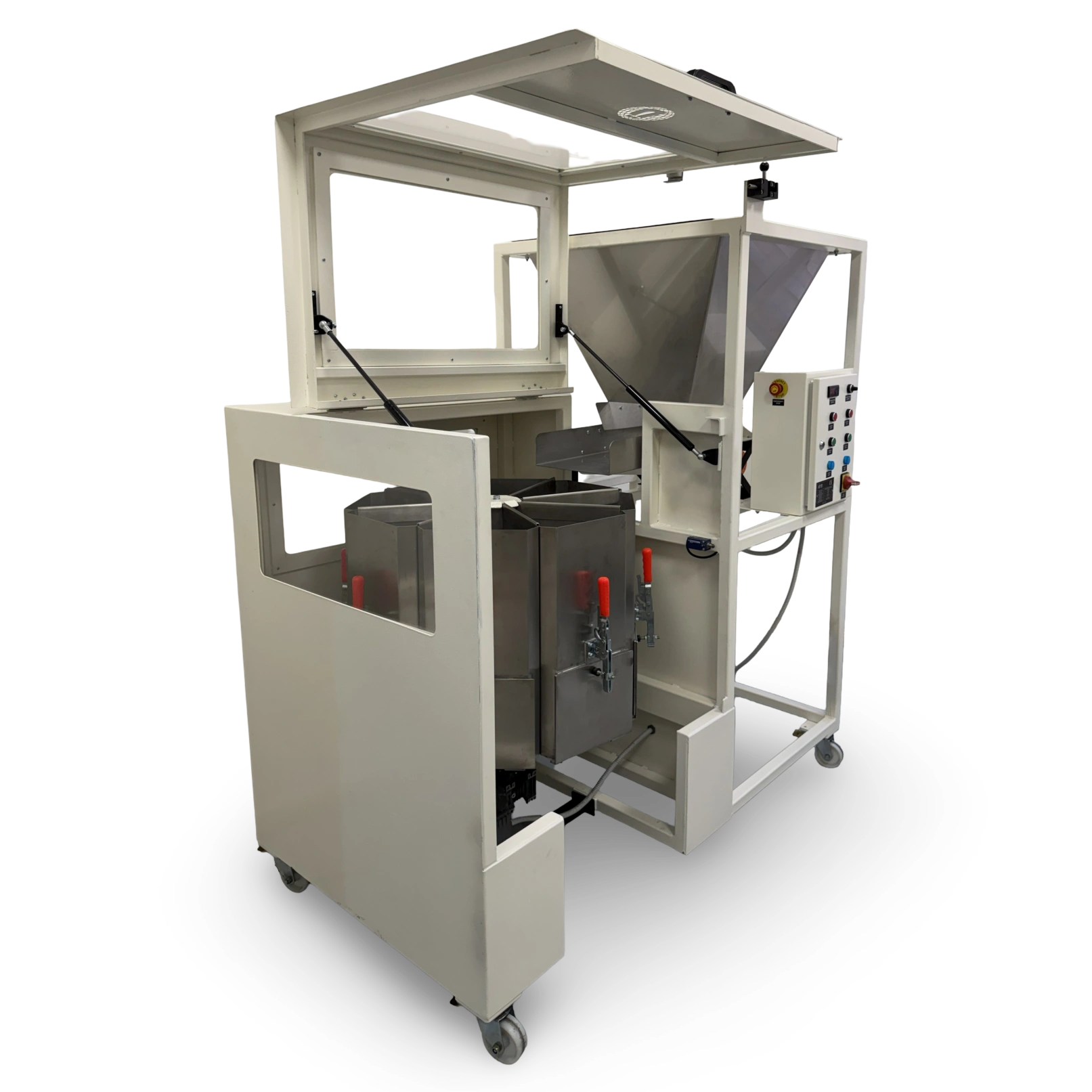 Rotary sample divider with open lid showing internal sample dividing section