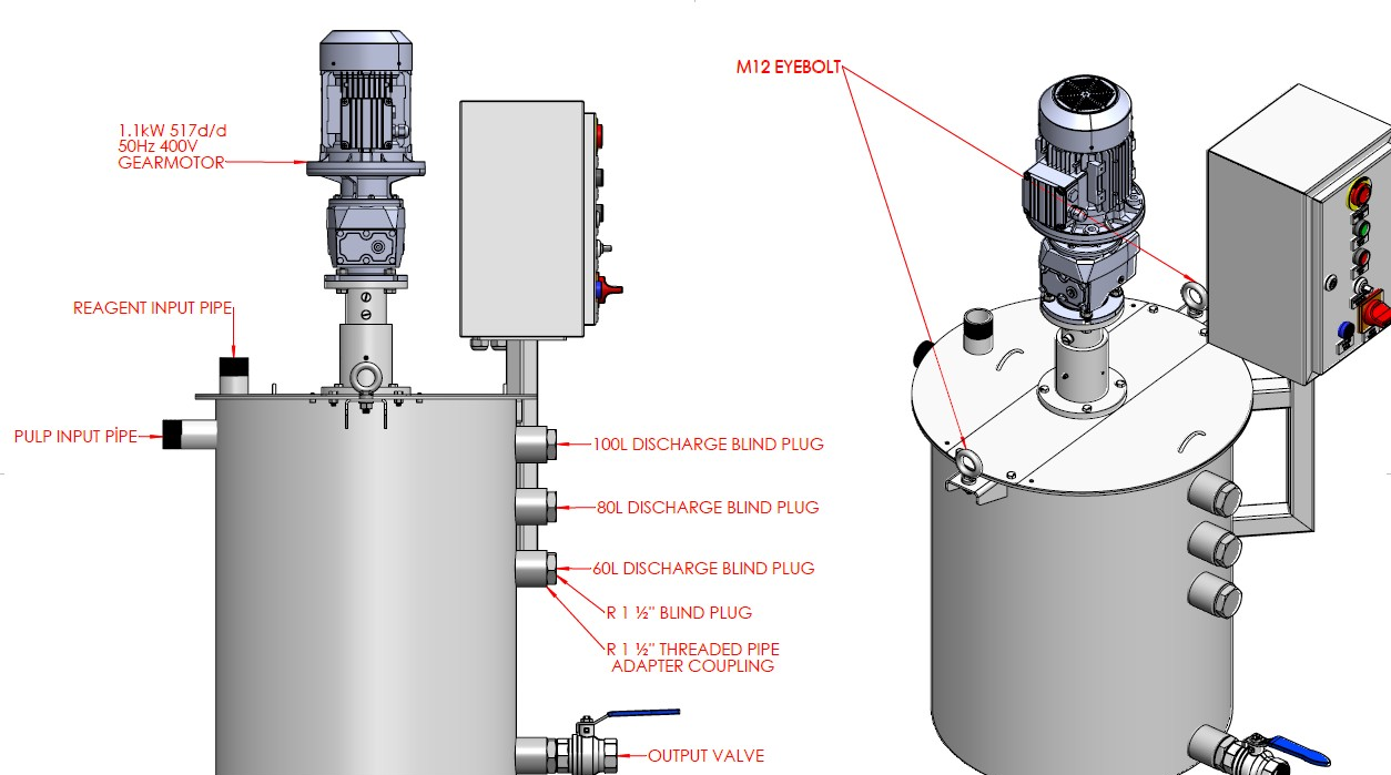 Stainless steel mixing tank detailed engineering drawing - 1.1kW geared motor, reagent input, pulp input pipe, 60L/80L/100L discharge ports and M12 lifting eyebolt