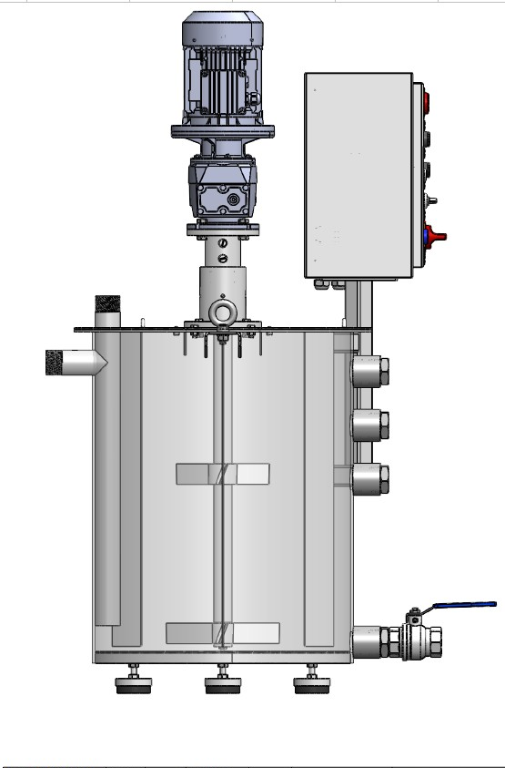 Dual impeller stainless steel mixing tank technical drawing - geared motor, control panel and multiple discharge ports designed by Ünal Engineering
