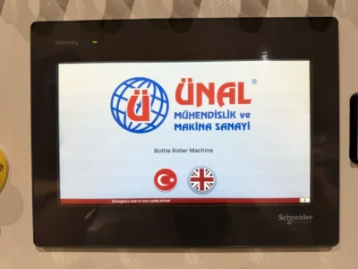 Ünal Bottle Roller machine touchscreen digital control panel with Schneider Electric Harmony HMI, Turkish and English language interface