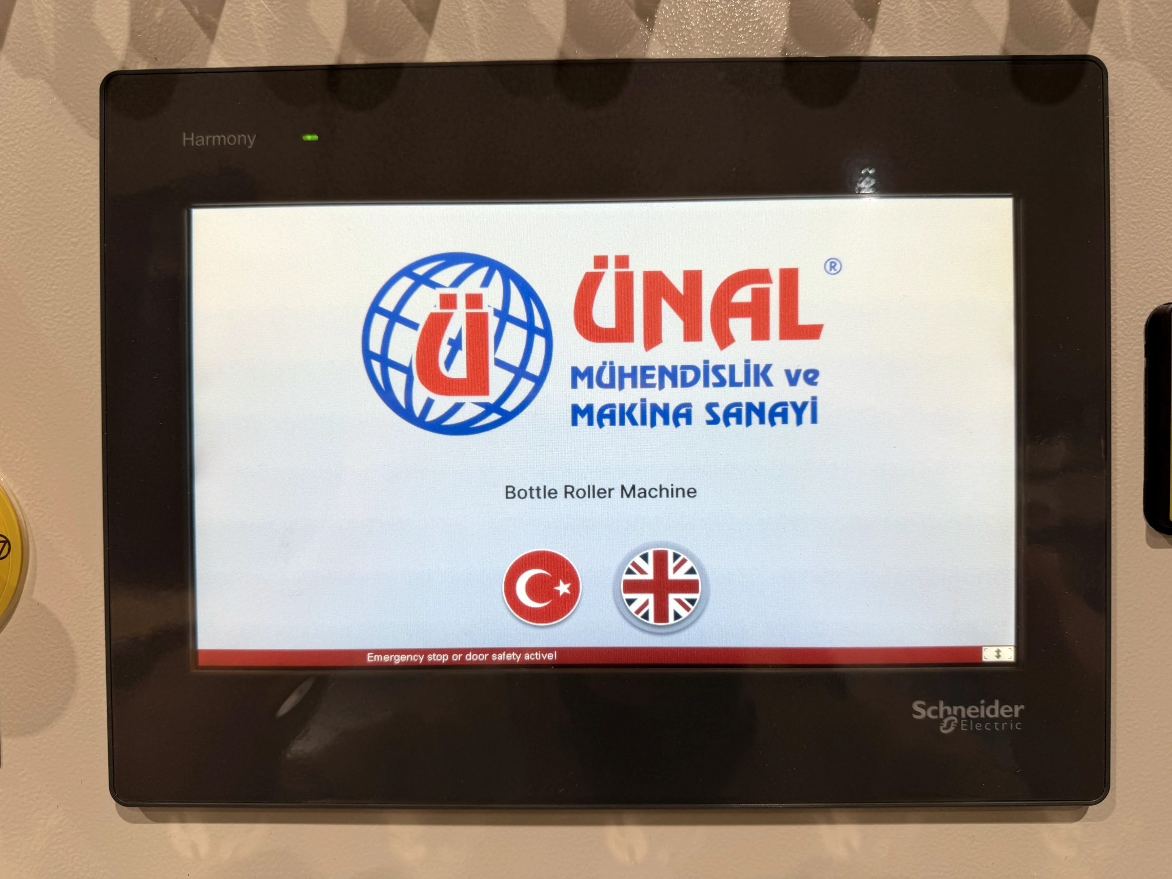 Ünal Bottle Roller machine touchscreen digital control panel with Schneider Electric Harmony HMI, Turkish and English language interface