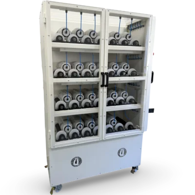 Ünal 24-bottle bottle rolling machine for mineral processing labs, angled side view with lockable mobile wheels and 4-tier structure