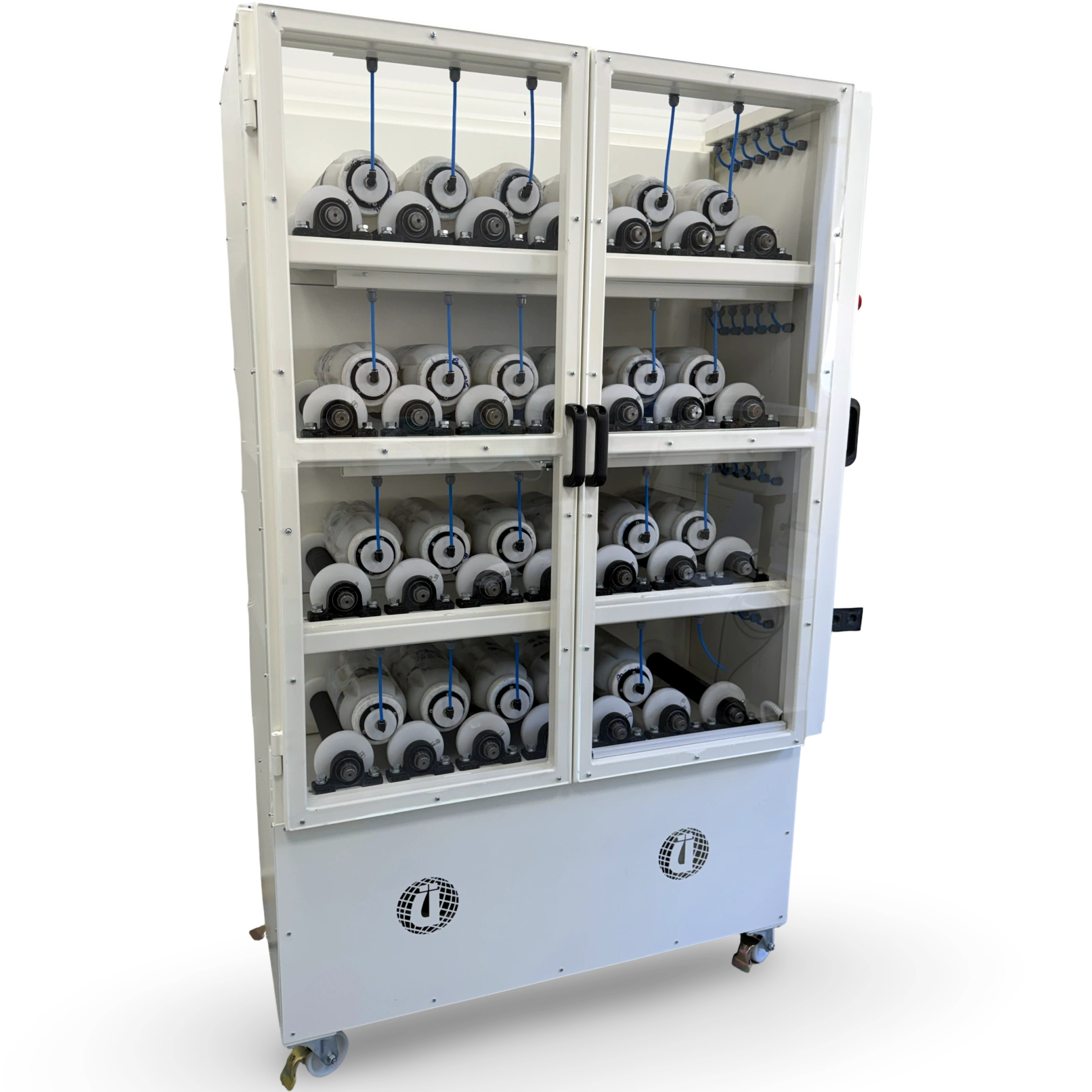 Ünal 24-bottle bottle rolling machine for mineral processing labs, angled side view with lockable mobile wheels and 4-tier structure