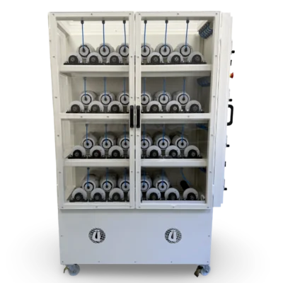 Ünal Bottle Roller 24-bottle capacity rolling machine front view, transparent doors revealing 4-tier rotating station with 28 rubber-coated rollers
