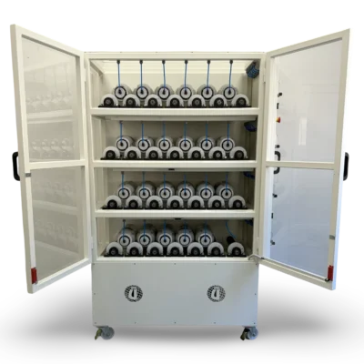 Ünal 24-bottle air/gas injection bottle roller machine for cyanide leach testing, doors open showing 4-tier rolling station interior
