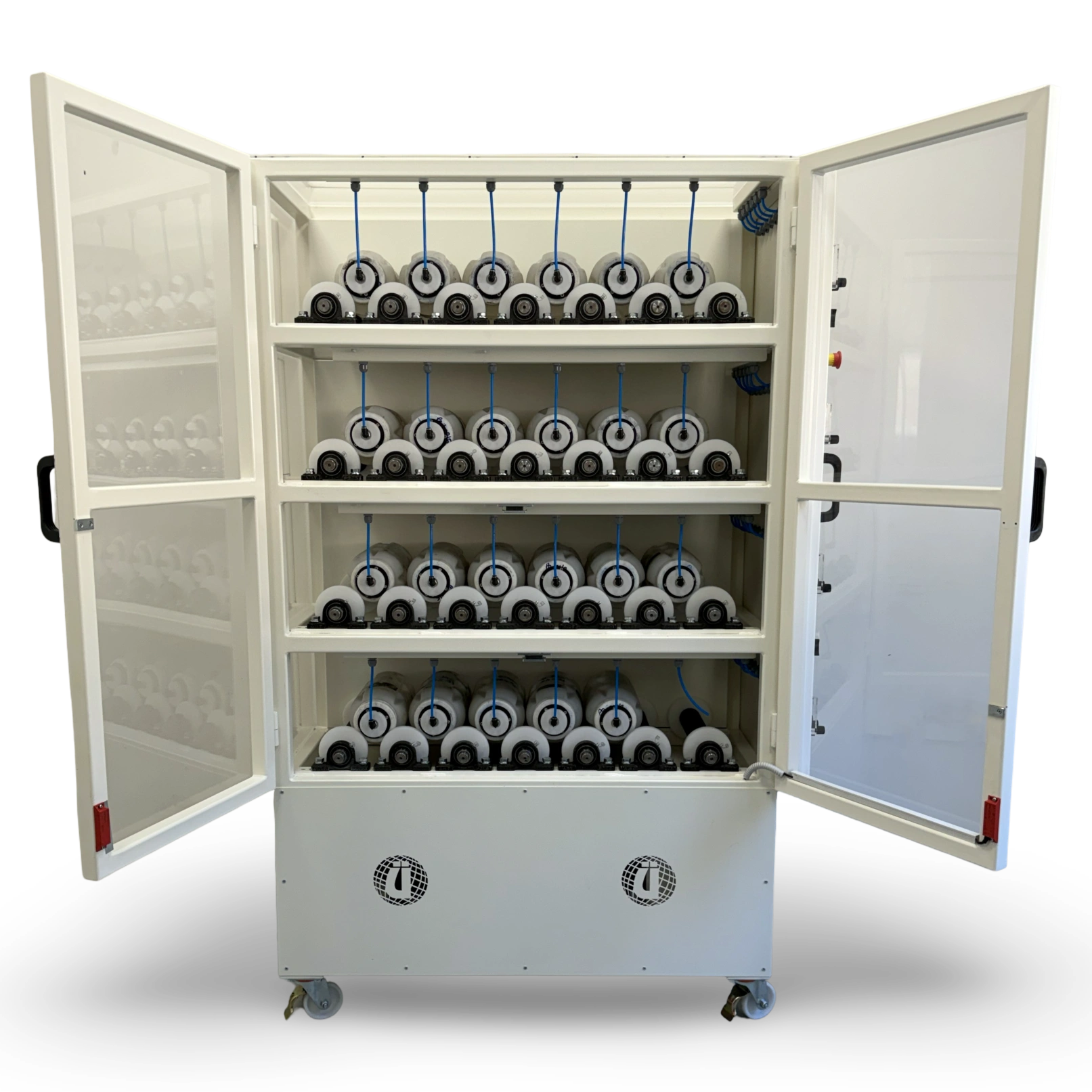 Ünal 24-bottle air/gas injection bottle roller machine for cyanide leach testing, doors open showing 4-tier rolling station interior