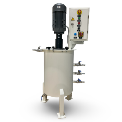Stainless steel mixing tank with dedicated pH probe slot, stepless speed control and multi-level sampling valves