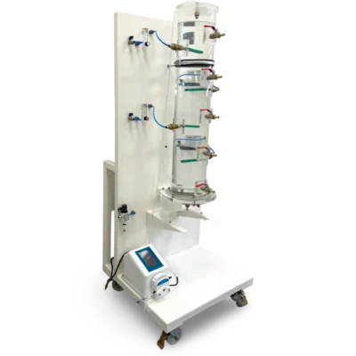 ÜNAL heap leaching simulation column with peristaltic pump, airflow control system and mobile frame, front view