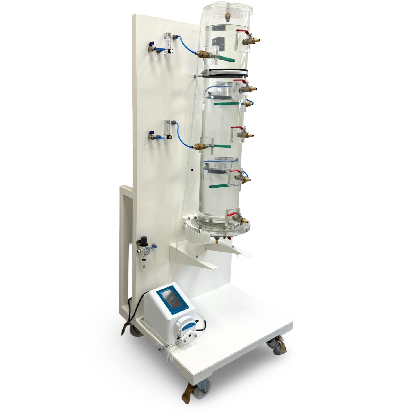 ÜNAL heap leaching simulation column with peristaltic pump, airflow control system and mobile frame, front view